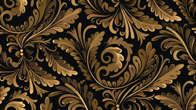 ornate floral pattern on black background gold scrollwork baroque design vector illustration decorative artistic elegant luxury classical repeating motif leaf swirl