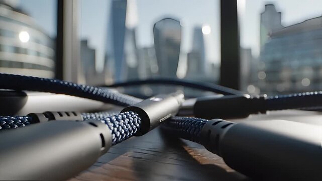 Closeup of USBC cables on a wooden surface with a city skyline background.