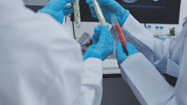 Close up scene of researcher examining alternative protein powder in sterile lab conditions with organized instruments promoting eco forward food innovation for sustainable biotechnology and nutrition