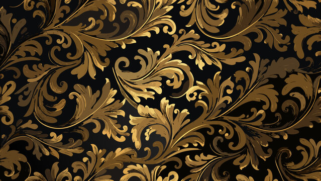 ornate floral pattern in gold on black background baroque scrollwork design vector illustration decorative artistic elegant luxury classical repeating motif texture