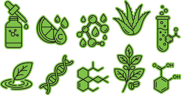 Scientific research icons for organic cosmetics and nature study with test tube chemistry research molecule laboratory cosmetics skincare structure extraction genetics