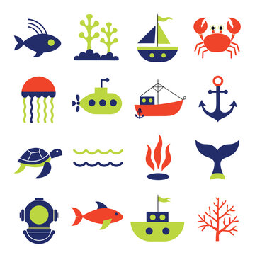 Sixteen stylized marine life icons such as a lime green turtle and a navy blue diving helmet arranged on a clean white background.