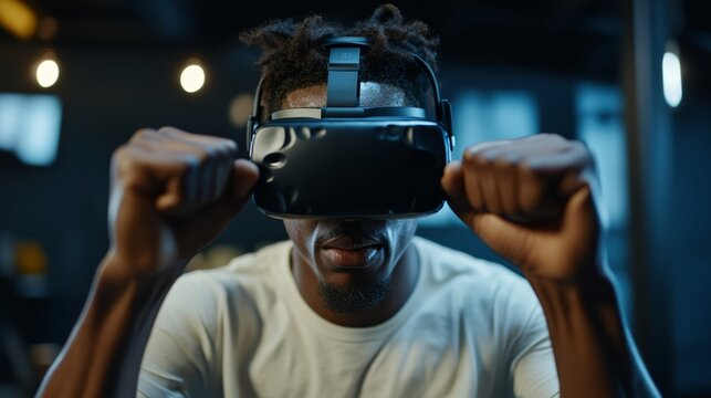 Virtual Reality Fighter: A man experiences an intense virtual reality boxing match, his fists clenched and eyes focused, immersed in a digital world of competition.