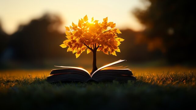 The Growing Knowledge Tree: An open book sprouts a vibrant tree with golden leaves, symbolizing the growth and enlightenment gained from reading, set against a warm sunset glow.