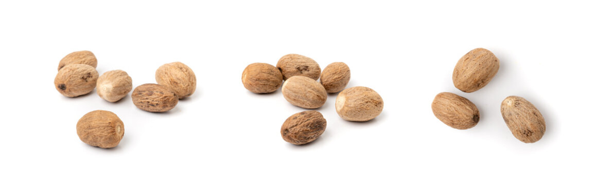 Nutmeg Isolated, Myristica Fragrans Fruit, Dry Spicy Nutmeg Powder, Grated Whole Muscat Nut, Nut Meg