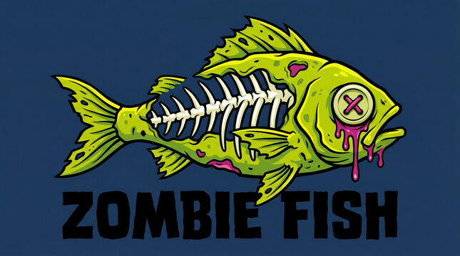 Edgy Zombie Fish Skeleton Vector Graphic Illustration with Button Eye and Pink Slime for Halloween Apparel Design