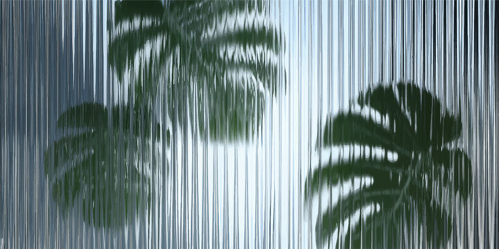 Green monstera leaves viewed through vertical ribbed glass texture with monstera abstract distorted background tropical refraction vertical transparent botanical aesthetic creative