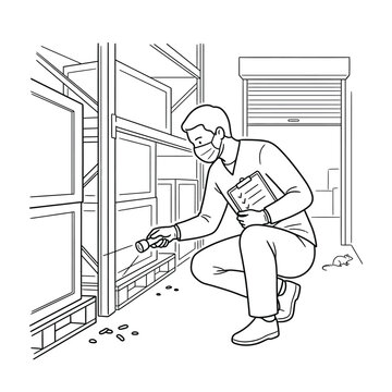 Man Collecting Coins Crouching Near Shelves For Inspection.