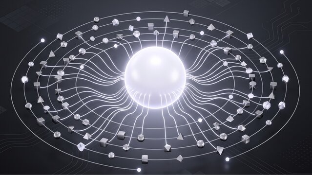 Pristine luminous core orchestrating diverse geometric elements in smooth orbit