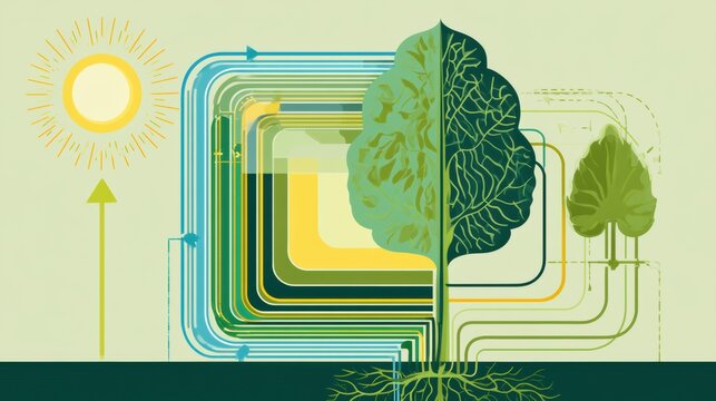 The photosynthesis process including sunlight, leaf structure, water movement, and oxygen release in a simple flow diagram.