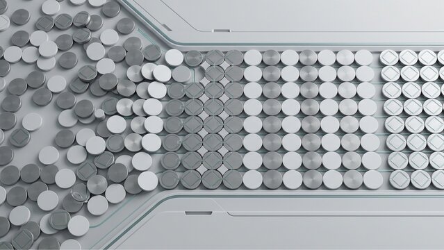 Precision-milled metal and white geometric disks perfectly aligning on clean surface