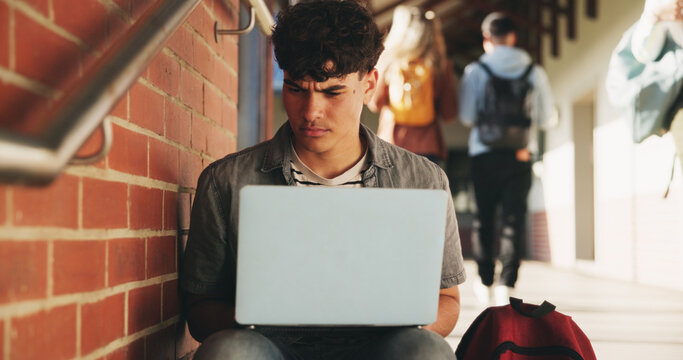 Laptop, confused and man at university for research on scholarship, curriculum or learning. Doubt, computer and male student with email for bad exam, test or education results on college campus.