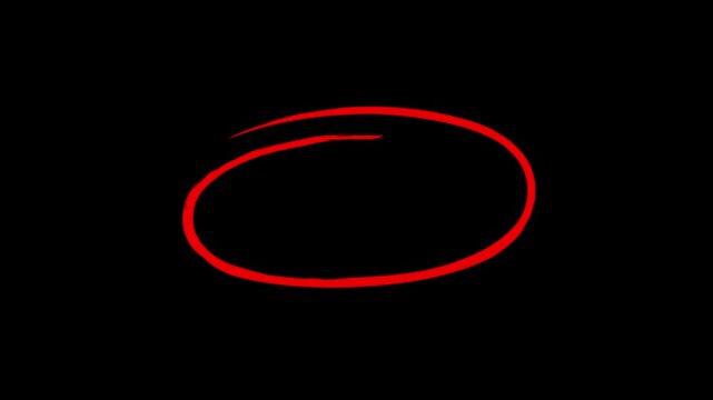 Red hand drawn continuous line circle highlight animation drawing an oval loop shape on a black background for a video alert
