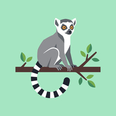 A cute ring tailed lemur sits perched on a brown tree branch © Mario