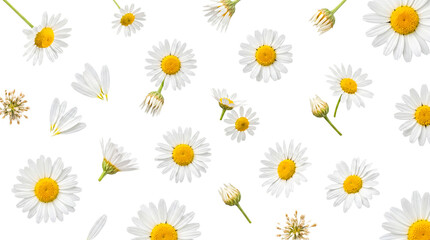 Fototapeta premium Fresh white daisy flowers, buds, and delicate petals scattered beautifully.