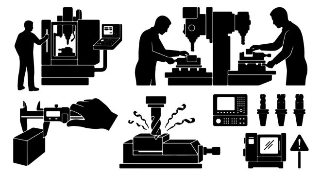 Industrial Machining Icons: CNC Milling, Lathe Operation, Precision Measurement, and Manufacturing Processes Vector Set