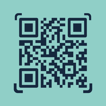 A dark blue digital matrix code on a light teal background