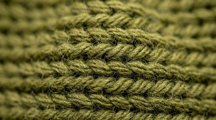 Fototapeta premium Close-up view of olive green knitted fabric showing intricate yarn texture and stitch pattern.