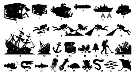Underwater Exploration Vector Icons: Submarines, Divers, Shipwrecks, Marine Life, and Treasure Chests for Oceanographic and Nautical Designs © Faisal