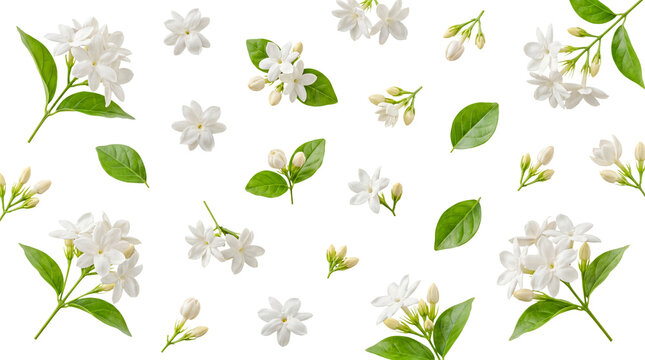 Beautiful white jasmine flowers with green leaves scattered across a transparent background.