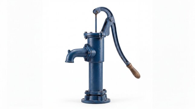 Old fashioned blue cast iron manual water pump captured in a studio setting on white background