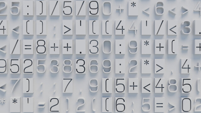 Close-Up of Textured Surface Featuring Overlapping Mathematical Symbols and Characters on Light Blue Gradient Background, Detailed Digital Art for Educational and Graphic Design Applications
