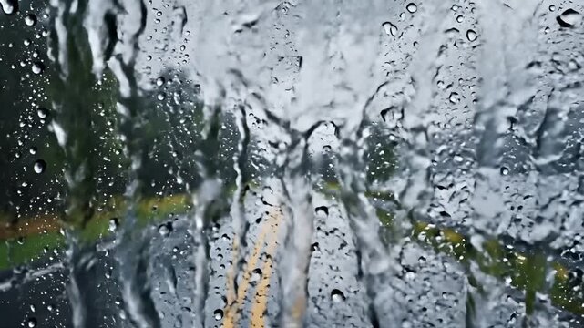 Raindrops on car windshield obscuring a scenic road view during a storm.
