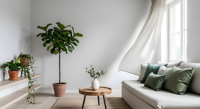 Bright living room interior with fiddle leaf fig tree sofa with green pillows and sheer curtains
