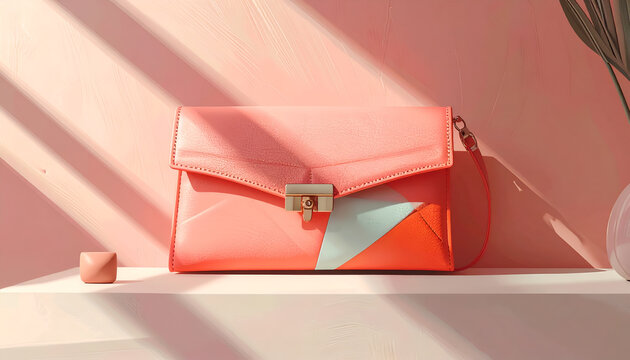 Coral and light blue geometric flap clutch handbag with gold clasp on pink background with shadows