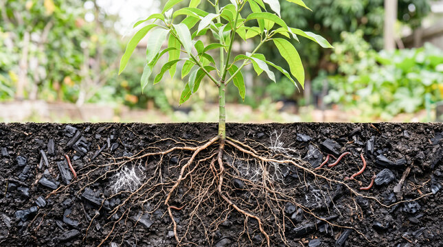 Fertile soil cross section showing healthy tree roots with active organic ecosystem and biochar