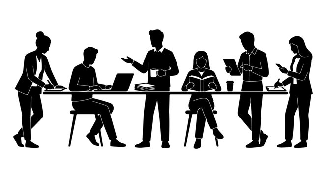 Diverse Team Collaboration, Business Meeting Silhouettes, Office Workgroup, Professional People Working Together, Modern Workplace Vector Set