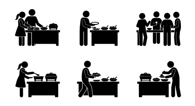 Buffet Line Stick Figures, Catering Service Icons, Food Service People, Restaurant Staff Serving Guests, Event Catering Vector Set