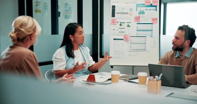 Finance, presentation or team in office with whiteboard, budget analysis or brief on funding strategy. Meeting, people or analyst with speaker, metric review or forecast plan in investment proposal.