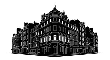 Obraz premium Classic Parisian Building Silhouette in Black and White Vector Art