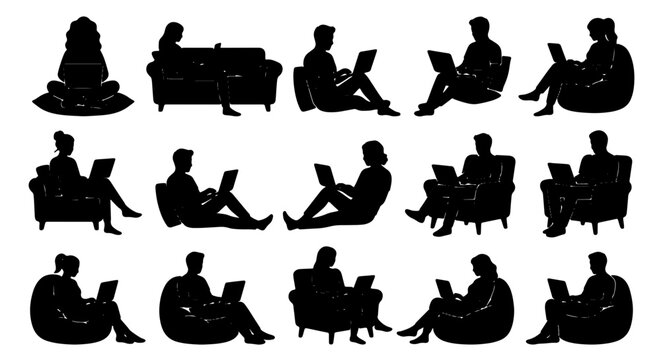 Silhouette Vector Icons: Diverse People Working Remotely on Laptops, Sitting on Sofas, Chairs, and Beanbags, Modern Remote Work Lifestyle Collection