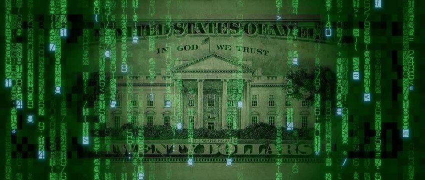 Electronic Currency Concept with Twenty Dollar Bill made up of Animated Code. Blockchain Banking Background.