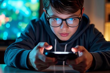 Fototapeta premium Intense Close-up of a Young Man's Hands Busy on a Touchscreen Device, Game Reflected in Glasses