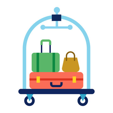 Hotel luggage cart luggage trolley carrying suitcases for travel check in service in modern flat vector style