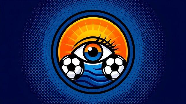 Stylized emblem illustration featuring a large eye surrounded by two soccer balls, a rising sun, and blue waves on a dark background, conceptualizing soccer vision, focus, and strategy.