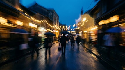 Fototapeta premium Rainy Night Street Scene People with Umbrellas Lit by Lanterns