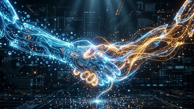 Abstract digital visualization of a B2B handshake between futuristic AI entities made of glowing light, symbolizing agentic artificial intelligence partnerships.