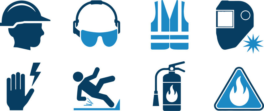 Construction Site Hazard Icon Set Vector Illustration, Safety Warning Symbols for Dangerous Areas, Workplace Risks, Industrial Sites and Building Projects