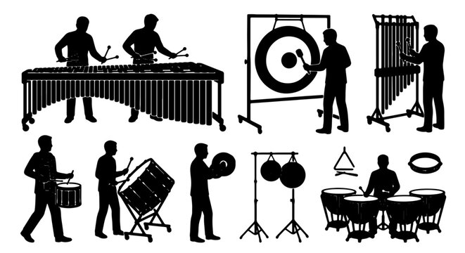 Orchestral Percussion Instruments Silhouette Collection: Marimba, Xylophone, Gong, Drums, Cymbals, Triangle, Vibraphone, Musical Ensemble Vector Graphics
