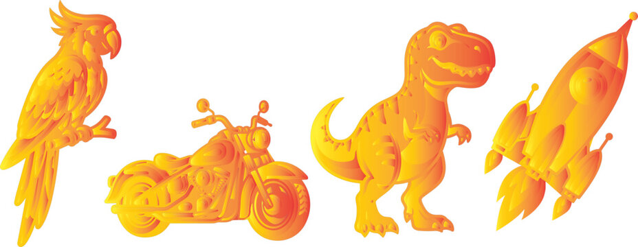 Orange gradient 3d style parrot motorcycle tyrannosaurus rex dinosaur and rocket vector icons set isolated on white background