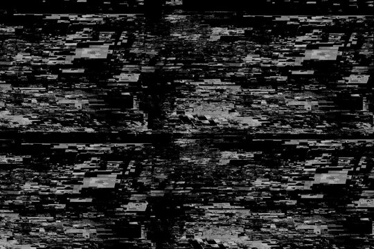 Chaotic Digital Glitch Background, Abstract Data Corruption Texture, Black and White Cyberpunk Interference Effect, Futuristic Technology Error Pattern, Distorted Signal Overlay Design