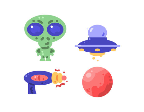 collection of alien themed illustrations. extraterrestrial creatures or extraterrestrial objects. Alien, UFO, gun, and the planet Mars. Decorative elements, symbols, icons, clip art, stickers. Flat