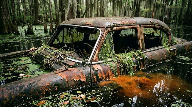 Forgotten rusting car body abandoned in overgrown swamp forest with abandoned