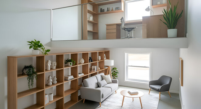 Modern duplex interior with open-plan living space office loft and natural wood shelving