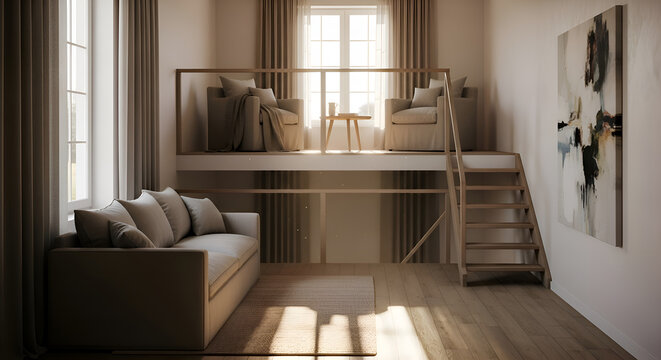 Modern loft apartment interior with mezzanine sofa chairs and abstract art