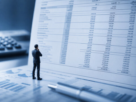 Businessman analyzing a large financial document with charts and data.